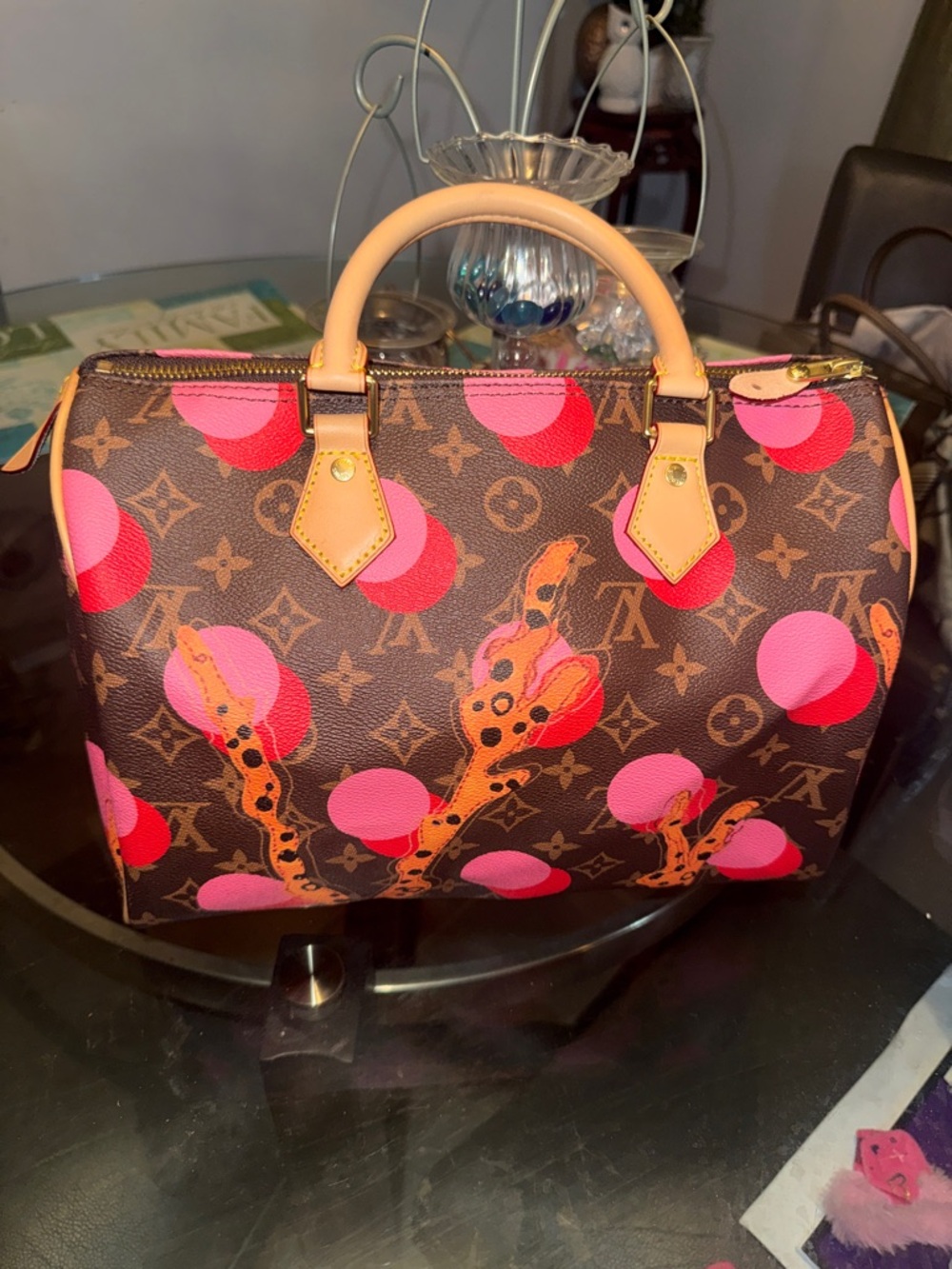 Designer Monogram Satchel with Pink & Red Graphic Accents